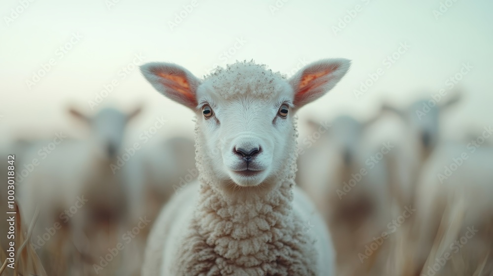 Fototapeta premium A single lamb faces the camera with curiosity while surrounded by its herd, standing out in its innocence and individuality against a soft focus field.