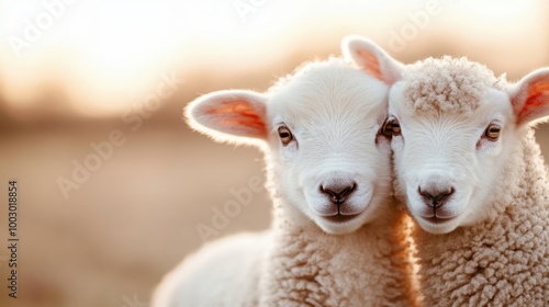 Two adorable lambs cuddle close under the warm sunset in a meadow, exuding innocence and serenity. Their fluffy white wool captures a tranquil and tender moment.