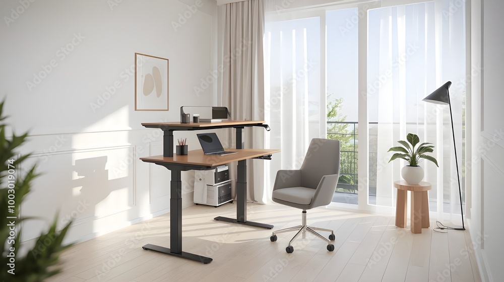Modern Home Office Desk with Standing Desk Feature and Comfortable Chair Modern Home Office Desk with Standing Desk Feature and Comfortable Chair