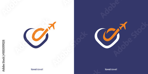 Love Travel Logo. Abstract Love Shape and Plane with Minimalist Style. Love Trip Logo, Icon, Symbol, Vector, Design Inspiration.