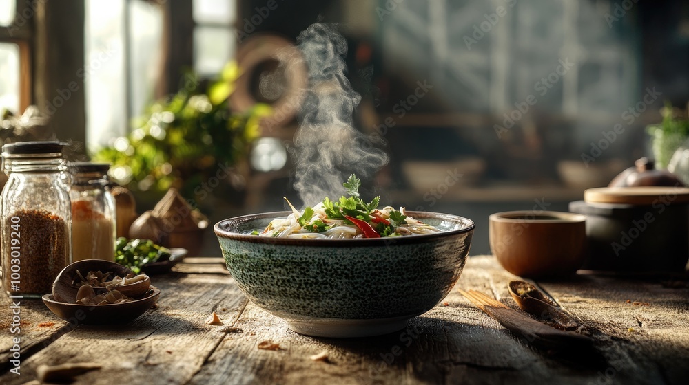 Fresh Noodle Bowl with Herbs and Steam Rising Fresh Noodle Bowl with Herbs and Steam Rising