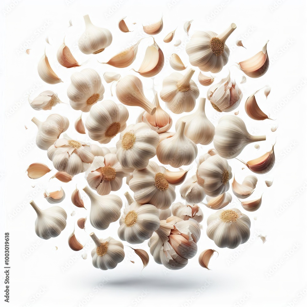 white background full of garlic cloves and bulbs, A falling clove of garlic is isolated on a white background white background full of garlic cloves and bulbs, A falling clove of garlic is isolated on a white background