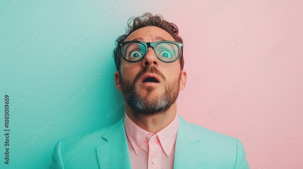 A man with glasses looks surprised against a split pink and teal background, wearing a light blue jacket and pink shirt, suggesting a moment of surprise or shock. A man with glasses looks surprised against a split pink and teal background, wearing a light blue jacket and pink shirt, suggesting a moment of surprise or shock.