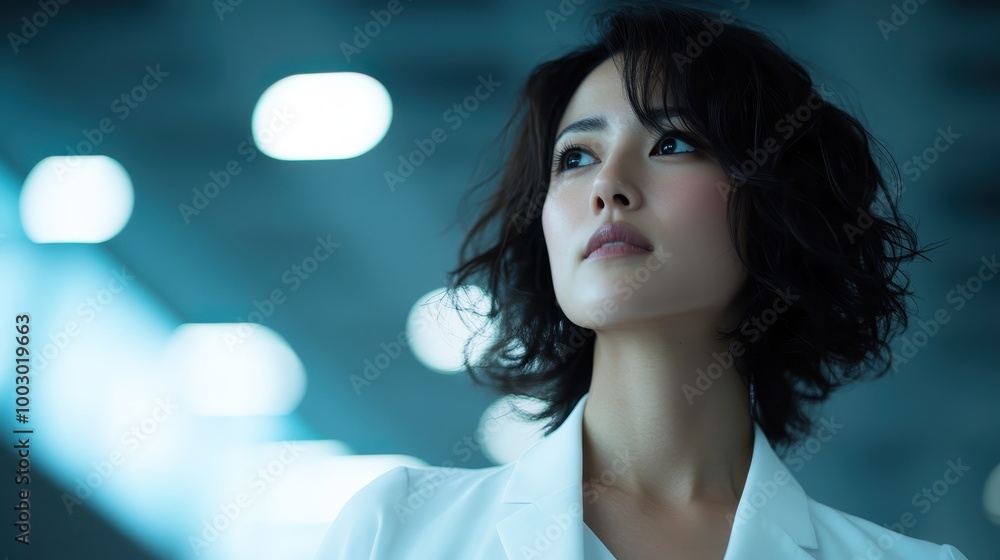A confident woman in a white coat looks thoughtfully into the distance, exuding professionalism and calmness in a modern, softly-lit environment, conveying ambition. A confident woman in a white coat looks thoughtfully into the distance, exuding professionalism and calmness in a modern, softly-lit environment, conveying ambition.