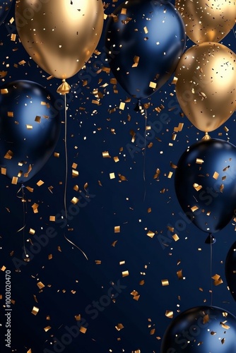 Vibrant black and gold balloons float amid sparkling confetti at the celebration