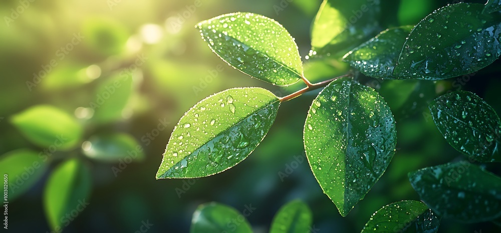 Close-up of green leaves with water droplets, illuminated by sunlight.