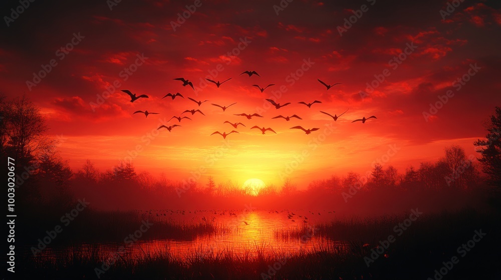 Silhouettes of Birds Flying at Sunset Over a Misty Lake Silhouettes of Birds Flying at Sunset Over a Misty Lake