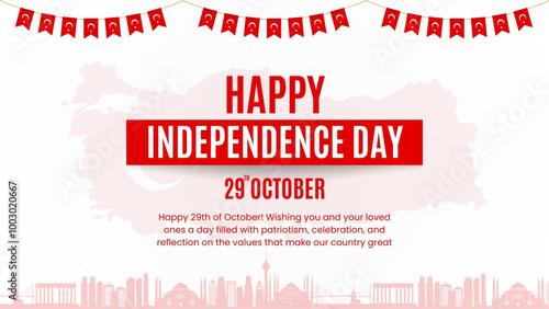 Turkey Independence Day or Republic Day Banner Background withTurkish Map, skyline, patroit and flaNational Colors