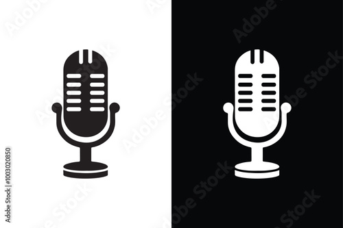 Classic Black And White Microphone Silhouette Vector Icon.