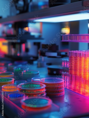 a synthetic biology lab where researchers are creating synthetic organisms. The setup includes colorful Petri dishes and advanced equipment, with models of synthetic DNA prominently displayed. photo