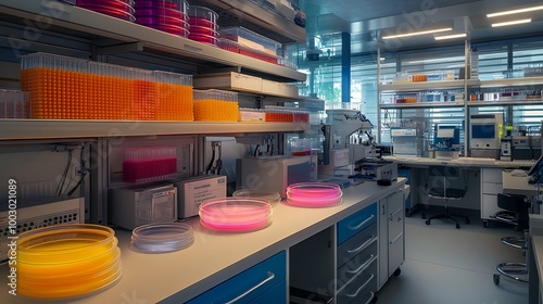 a synthetic biology lab where researchers are creating synthetic organisms. The setup includes colorful Petri dishes and advanced equipment, with models of synthetic DNA prominently displayed. photo