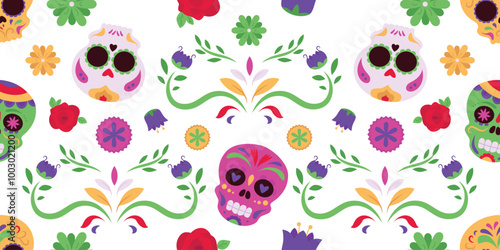 Painted sugar skulls and flowers floral seamless pattern vector, Mexican dia de los muertos, Day of the dead decoration