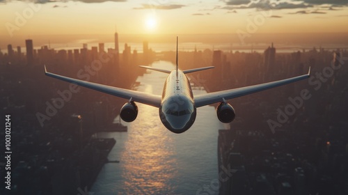Aerial view of a commercial airplane flying over a city skyline during sunset