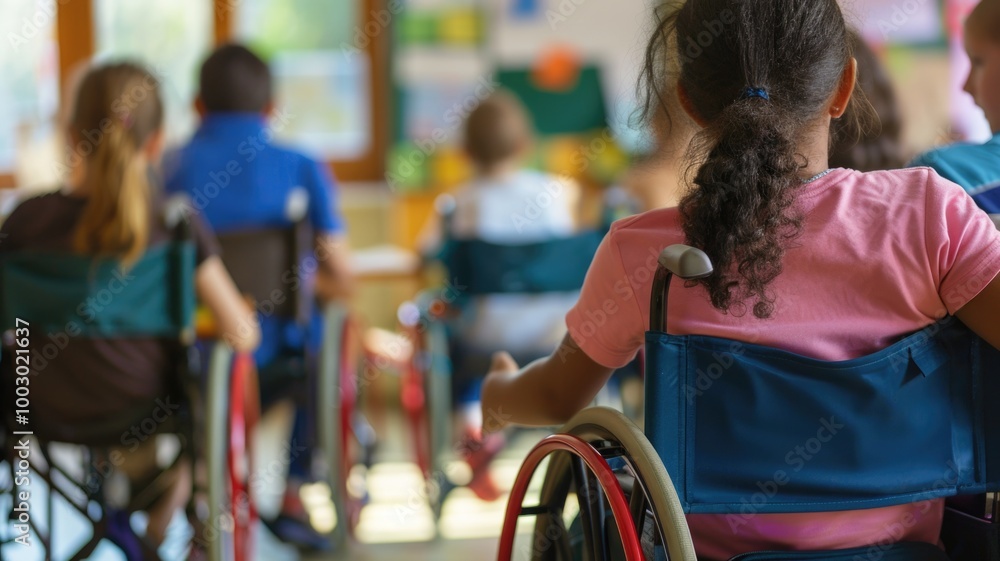 Group of people in wheelchairs attending a conference or event. Group of people in wheelchairs attending a conference or event.