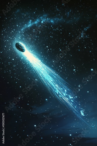 A comet streaking through the cosmos with a bright tail illuminates the night...