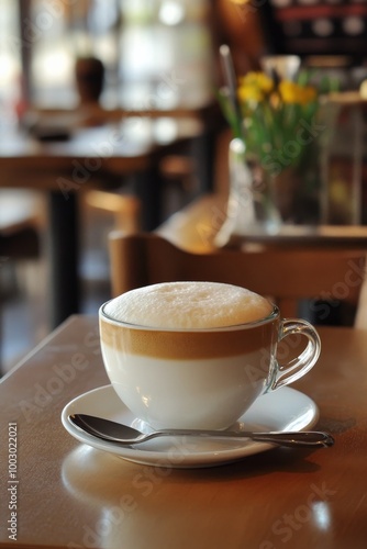 A warm cup of layered latte served in a glass mug on a wooden table in a cozy...