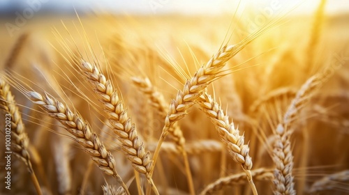 Close-up view of golden wheat spikes swaying gently in the summer breeze in a...