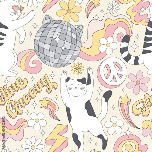 Groovy disco dancing cat vector seamless pattern. Cat vibes background. 