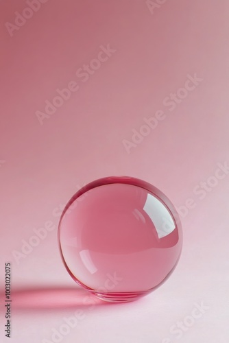 Delicate pink glass sphere resting on a soft pastel background with gentle reflections