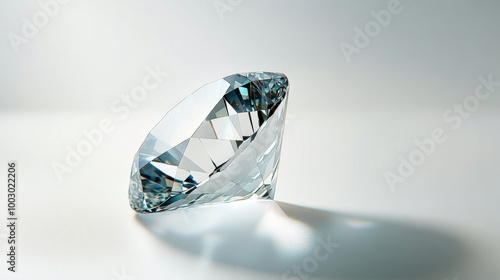 Sparkling brown diamond gemstone casting a shadow on a white background under natural light