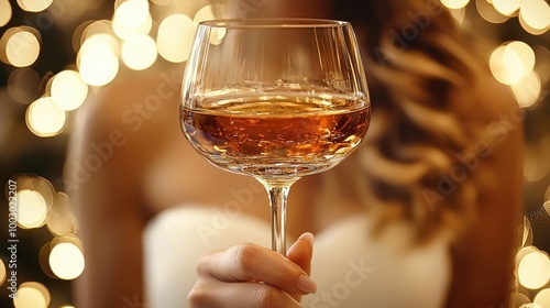 A woman toasts with a sparkling glass of wine against a festive backdrop of bright, blurred lights in the evening