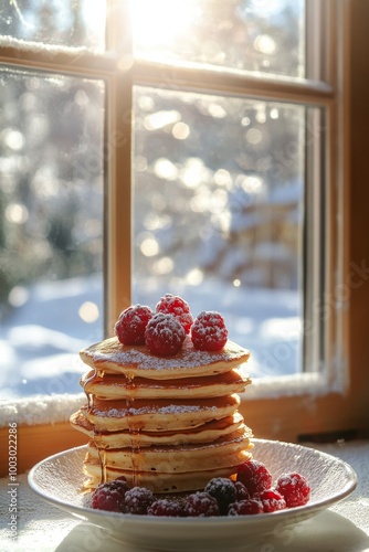 Delicious stack of pancakes topped with raspberries in a cozy winter morning ...