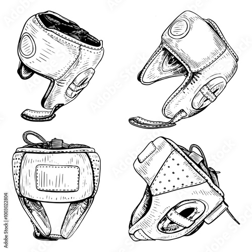 Set boxing helmets hand drawn sketch. Sports equipment. Head protection in fight. Boxers clothes. Equipment for fights, wrestling. Professional sports. Helmet on head. Vector line art illustration.