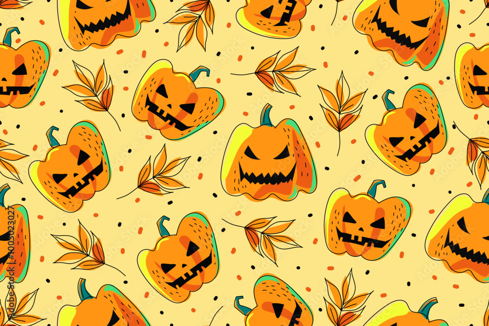 Halloween seamless pattern. Autumn leaves and jack-o-lanterns in orange colors. Spooky and autumnal pattern. Happy Halloween. Vector illustration. Design for printing. Halloween seamless pattern. Autumn leaves and jack-o-lanterns in orange colors. Spooky and autumnal pattern. Happy Halloween. Vector illustration. Design for printing.