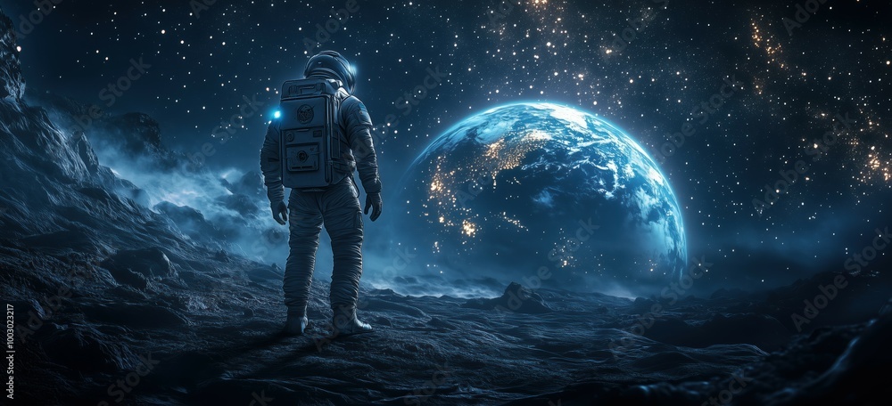 Astronaut standing on an alien planet with Earth in the background Astronaut standing on an alien planet with Earth in the background