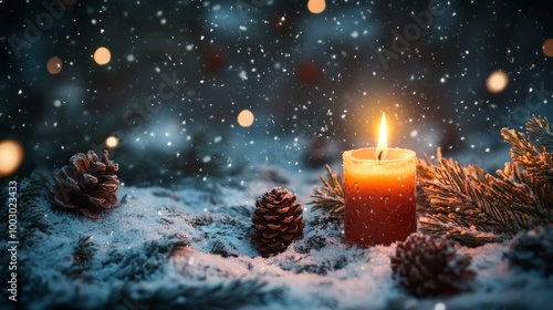 A glowing candle surrounded by snow and pinecones on a winter evening