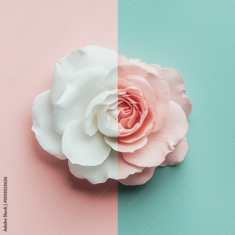 Fototapeta premium Split-color rose on pastel background