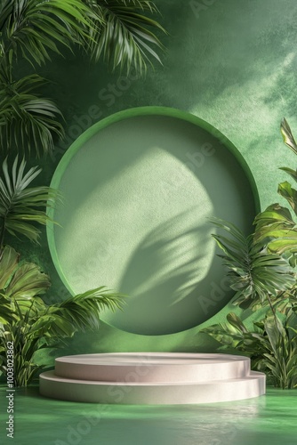 Modern wooden pedestal surrounded by lush tropical foliage on a light green b...