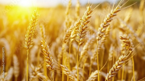 Close-up view of golden wheat spikes swaying gently in the summer breeze in a...