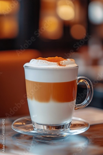 A warm cup of layered latte served in a glass mug on a wooden table in a cozy...