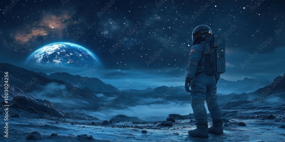 Fototapeta premium Astronaut standing on an alien planet with Earth in the background