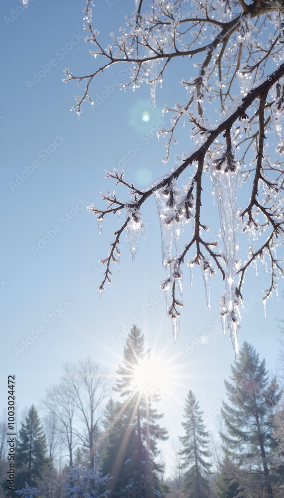 Obraz premium Icicles and droplets on branches with sunlight shining through, beautiful winter scene 
