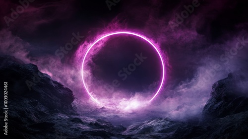 A colorful neon ring glows over dramatic mountains and clouds at night in a s...