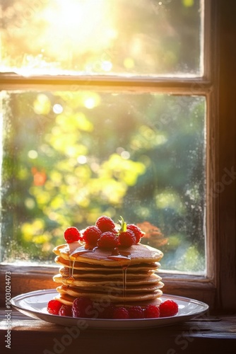 Delicious stack of pancakes topped with raspberries in a cozy winter morning ...