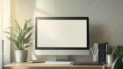 Modern home office workspace with sleek desktop computer, potted plants, and minimalist decor, bathed in soft natural light from nearby window.