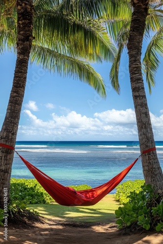 Relaxing in a red hammock between palm trees on a tranquil beach in tropical ...