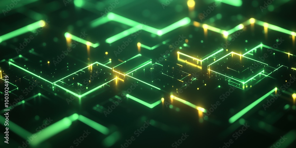 Fototapeta premium Abstract futuristic digital background with glowing neon green squares