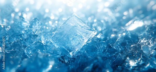 Close-up of ice crystals with a single large ice cube in the center, illuminated by sunlight.