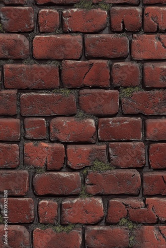 Textured red brick wall with visible cracks and green moss in a rustic enviro...