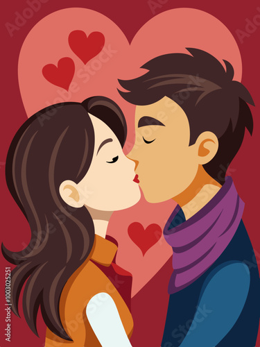 An intimate and romantic illustration of a couple sharing a kiss with heart symbols around them, symbolizing love, passion, and connection.