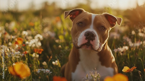 A friendly dog sits calmly in a vibrant field of wildflowers during a golden ...