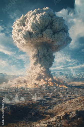 Dramatic explosion leaves a massive mushroom cloud over a cityscape during da...