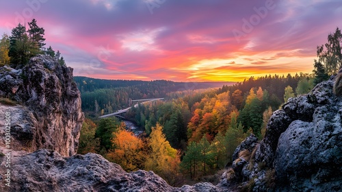 Fantastic Autumn Landscape. Amazing sunset With colorful sky in Azalea and Rhododendron Park Kromlau photo