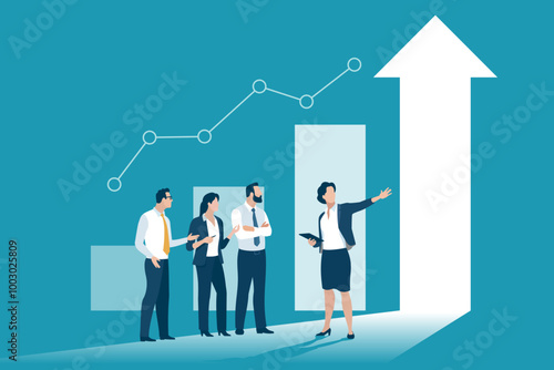 Presentation, vision, strategy. The female leader explains profitable investment opportunity, business plan. Vector illustration
