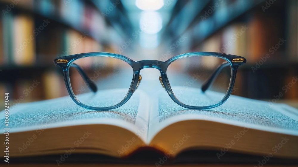 Glasses resting on an open book in a library filled with bookshelves during daylight Glasses resting on an open book in a library filled with bookshelves during daylight