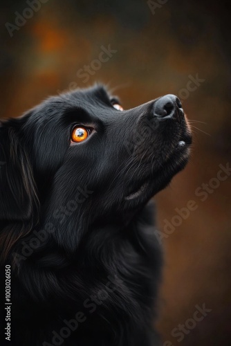A close-up of a black dog gazing upwards with striking golden eyes against a ...